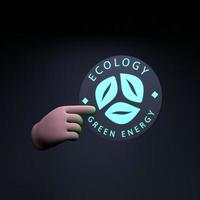 The hand holds a neon Icon on the theme of ECO. Ecology and conservation of the planet. 3d render illustration. photo