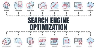 Search Engine Optimization. SEO banner web icon set. web optimization, download, email, social media, calendar, presentation, audience vector illustration concept.