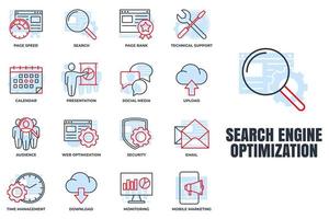 conjunto de ilustración de vector de logotipo de icono de optimización de motor de búsqueda. plantilla de símbolo de paquete de optimización seo para la colección de diseño gráfico y web.
