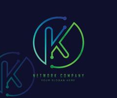 Letter K in circle with network, technology and connection dot concept vector