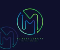 Letter M in circle with network, technology and connection dot concept vector