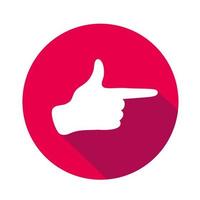 Vector flat icon Right direction. Sign with hand. Communication symbol. White hand with gesture on red round background isolated on white. Web button. Mood sticker