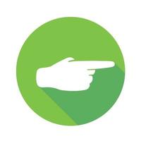 Vector flat icon Right direction. Sign with hand. Communication symbol. White hand with gesture on green round background isolated on white. Web button. Mood sticker. Modern illustration