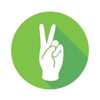 Vector flat icon Victory, Peace. Sign with fingers. Communication symbol. White hand with gesture on green round background isolated on white. Web button. Mood sticker. Modern illustration