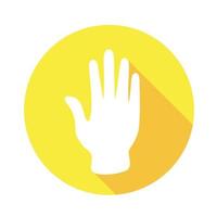 Vector flat icon Bye, Stop. Sign with hand. Communication symbol. White hand with gesture on yellow round background isolated on white. Web button. Mood sticker