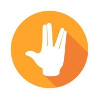 Vector flat icon Greeting. Sign with hand. Communication symbol. White hand with gesture on orange round background isolated on white. Web button. Mood sticker