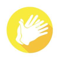 Vector flat icon Applause. Sign with hand. Communication symbol. White hand with gesture on yellow round background isolated on white. Web button. Mood sticker