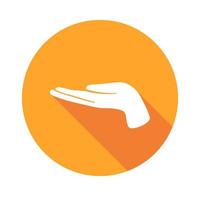 Vector flat icon Supportive hand. Sign with hand. Communication symbol. White hand with gesture on orange round background isolated on white. Web button. Mood sticker