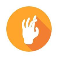Vector flat icon Hand. Sign with hand. Communication symbol. White hand with gesture on orange round background isolated on white. Web button. Mood sticker
