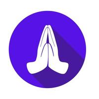 Vector flat icon Pray. Sign with hand. Communication symbol. White hand with gesture on blue round background isolated on white. Web button. Mood sticker