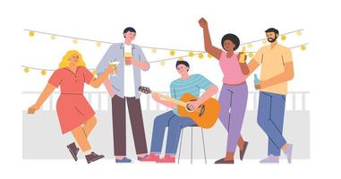Friends are having a party on the rooftop. flat design style vector illustration.