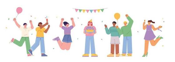 fiesta de cumpleaños. el protagonista del cumpleaños sostiene un pastel y los amigos están celebrando. ilustración vectorial de estilo de diseño plano. vector