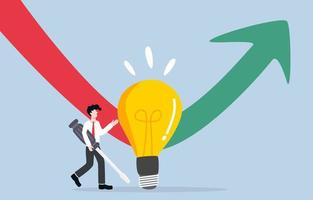 Idea improvement to boost business, changing mindset to make investment better, developing solution to solve business problem concept. Businessman fix light bulb idea to turn downtrend graph upward. vector