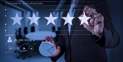 businessman hand touch five stars rate customer rate. photo