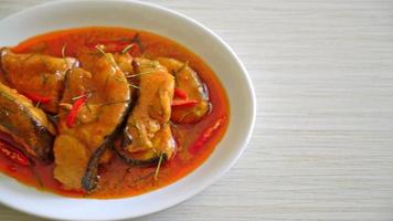 roodstaart meerval vis in gedroogde rode currysaus genaamd choo chee of een king of curry gekookt met vis geserveerd met een pittige saus video
