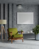 Mock up poster frame in concrete interior background with green armchair and accessories in the room. photo