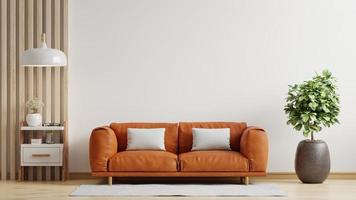 White wall interior living room have orange leather sofa and decoration minimal. photo