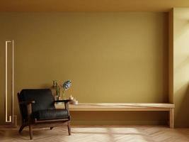 Wooden shelf for TV in modern living room with leather armchair and plant on dark yellow wall background. photo