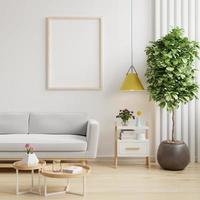 Mockup poster frame in modern interior background with gray sofa and accessories in the room. photo