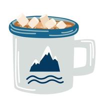 Mug with cocoa and marshmallow. Cup with hot chocolate and a pattern of mountains. Autumn or winter hot drink. Vector hand draw illustration flat icon isolated on white.