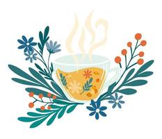 té de hierbas. taza con bayas de té y hojas. bebida natural caliente para la salud. farmacéutico del cartel de bienestar natural, orgánico, té de hierbas, flores silvestres y hierbas. ilustración de dibujos animados plano vectorial vector