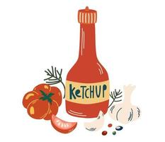 botella de ketchup e ingredientes tomate, ajo y pimienta. comida sana. vector mano dibujar ilustración icono plano aislado en blanco.