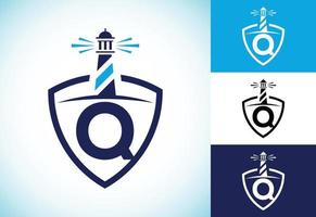 Initial Q monogram alphabet in a shield with the lighthouse. Harbor logo. Font emblem vector