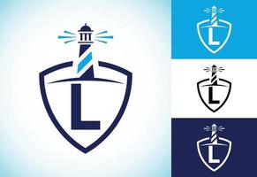 Initial L monogram alphabet in a shield with the lighthouse. Harbor logo. Font emblem vector