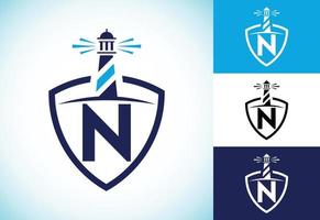 Initial N monogram alphabet in a shield with the lighthouse. Harbor logo. Font emblem vector
