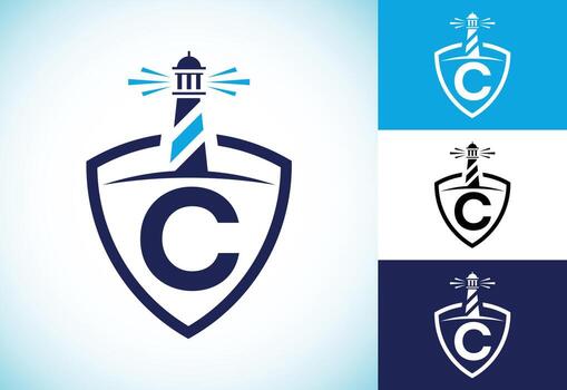 Initial C monogram alphabet in a shield with the lighthouse. Harbor logo. Font emblem vector