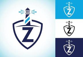 Initial Z monogram alphabet in a shield with the lighthouse. Harbor logo. Font emblem vector