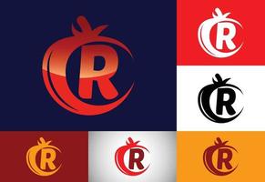 alfabeto inicial del monograma r con tomate. plantilla de diseño de logotipo de tomate. emblema de fuente alimentos orgánicos vector