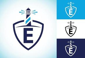 Initial E monogram alphabet in a shield with the lighthouse. Harbor logo. Font emblem vector
