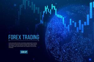 Forex trading banner. Candle stock graph chart with planet Earth. Stock market investment concepts. Global trading on blue background. Vector illustration