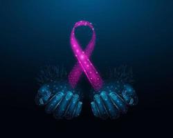 Two human hands are holds pink ribbon awareness. Breast Cancer awareness month concept. Abstract vector illustration on dark blue background.