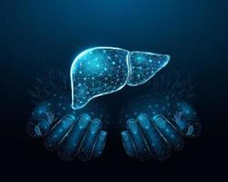 Two human hands are holds human liver. Support healthy liver concept. Wireframe glowing low poly design on dark blue background. Abstract futuristic vector illustration.