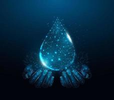 Two human hands are holds water drop. Wireframe glowing low poly design on dark blue background. Abstract futuristic vector illustration.