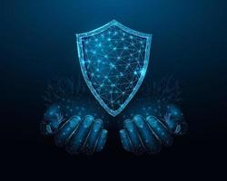 dos manos humanas sostienen un escudo. protector de polietileno bajo brillante de estructura alámbrica. diseño sobre un fondo azul. Ilustración de vector futurista abstracto