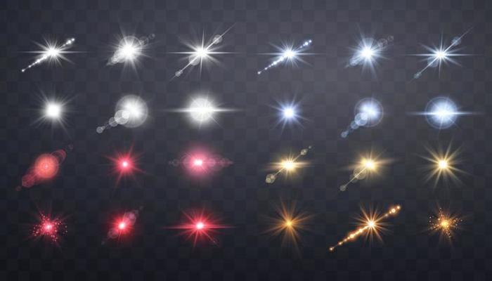 Sens flares set. Isolated on transparent background. Sun flash with rays or spotlight and bokeh. Glow flare light effect. Vector illustration.