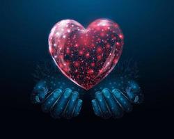 Two human hands are holds heart. Wireframe glowing low poly heart. Design on dark blue background. Abstract futuristic vector illustration.