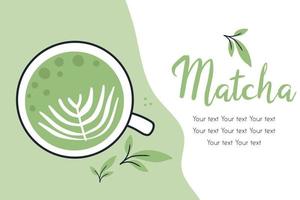 Flyer with matcha tea. Vector illustration with green tea. Mug with matcha latte. Poster with green matcha mug.Doodle style.