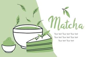 Flyer with matcha tea. Vector illustration with green tea. Mug with matcha latte. Poster with green matcha mug.Doodle style.