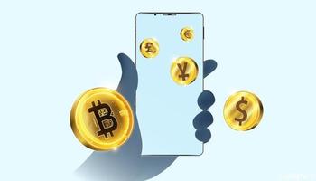 Abstract hand holding phone bitcoin technology cryptocurrency and fintech phone buy and sell crypto operations Connect block, data transmission, new technology system, Vector illustration.