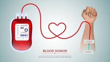 Abstract arms and blood bags for blood donation concept, heart-shaped blood collection line. and for world blood donors on June 14 on a white and gray background vector
