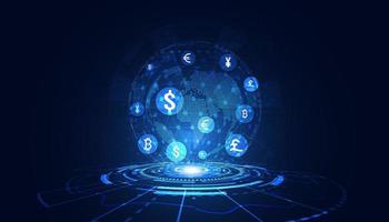 mundo abstracto círculo digital holograma transferencia de dinero defi finanzas descentralizadas blockchain, criptomoneda y bitcoin, en línea, transacción de Internet futurista.