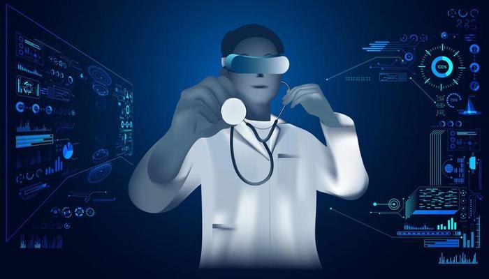 abstract doctor telemedicine diagnosis technology symptom analysis treatment modern technology background futuristic blue hud interface lab