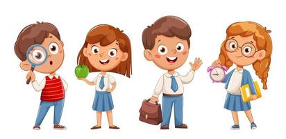 Cute schoolboy and schoolgirl, set of four poses vector
