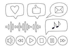 Symbols of like, message, player buttons - play, pause, stop. Sound wave. Outline doodle. Black and white vector illustration isolated on white background