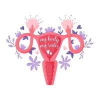 Feminist lettering quote. My body my rules. Female reproductive system with flowers and plants. Feminist typography. Abstract womb body with fallopian tubes and ovaries. Vector illustration