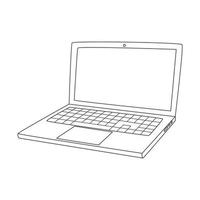 An open laptop with a blank screen. A electronic device with an empty space for text. Outline doodle. Black and white vector illustration isolated on white background